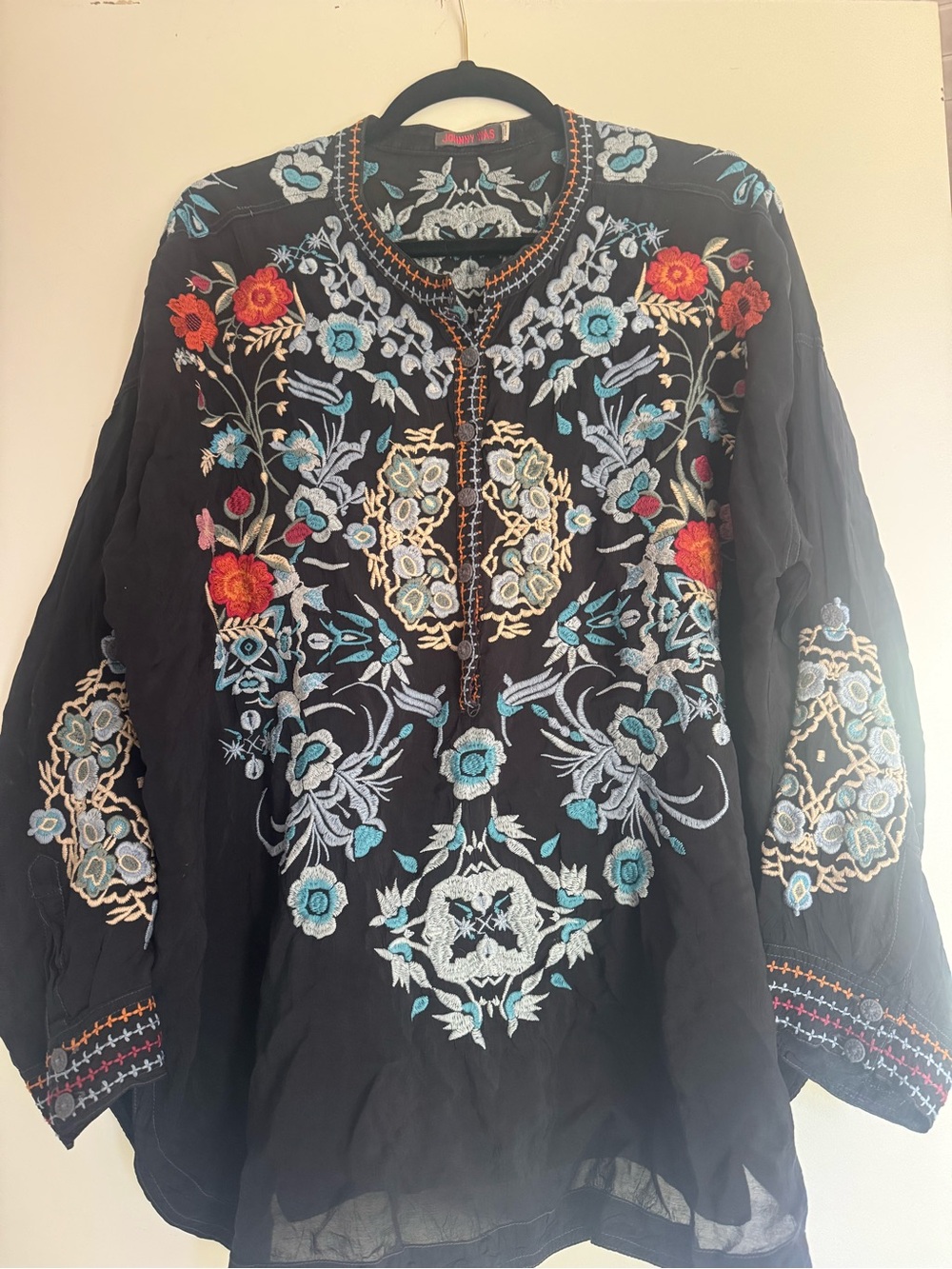 Johnny Was Black Tunic with Turquoise and Red Floral Embroidery